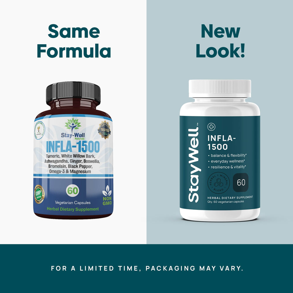 Stay-Well Naturals Infla-1500 bottle-side shot suggesting easy daily integration.