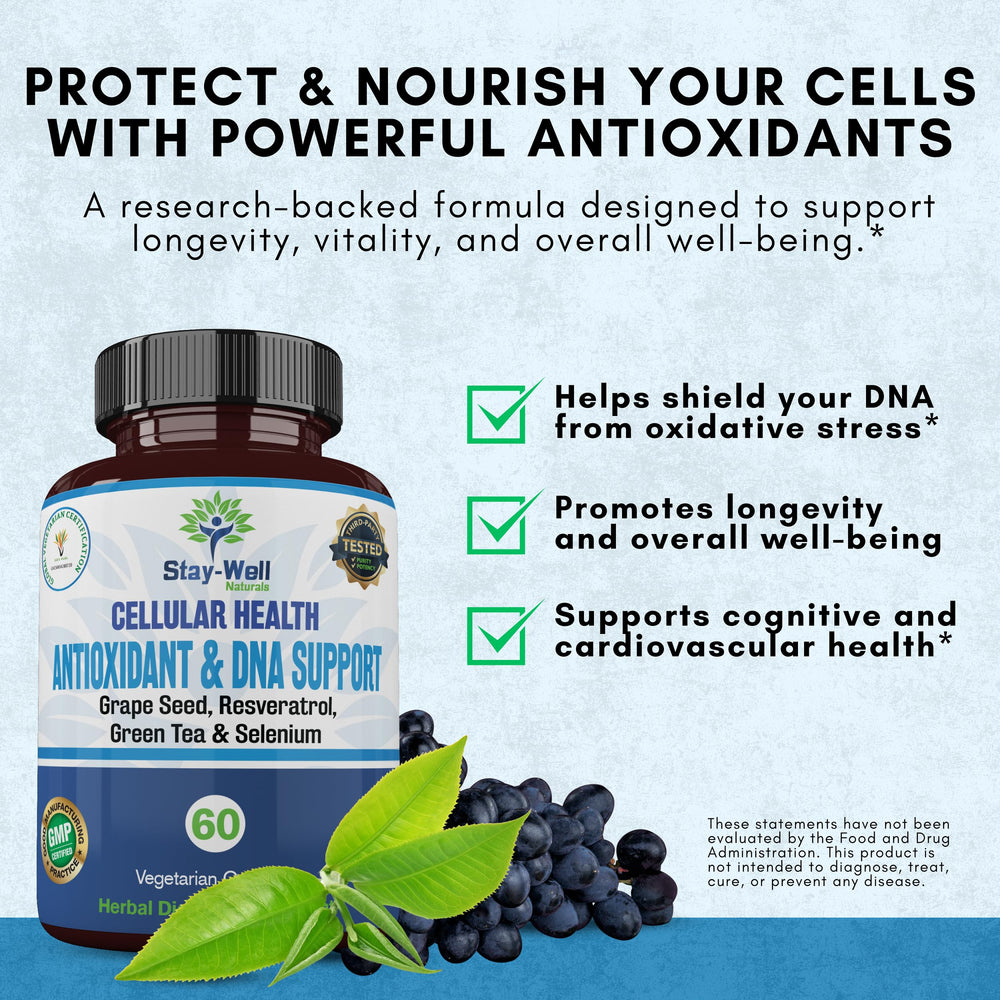 Stay-Well Naturals Resveratrol and grape seed blend for antioxidant-friendly DNA protection.