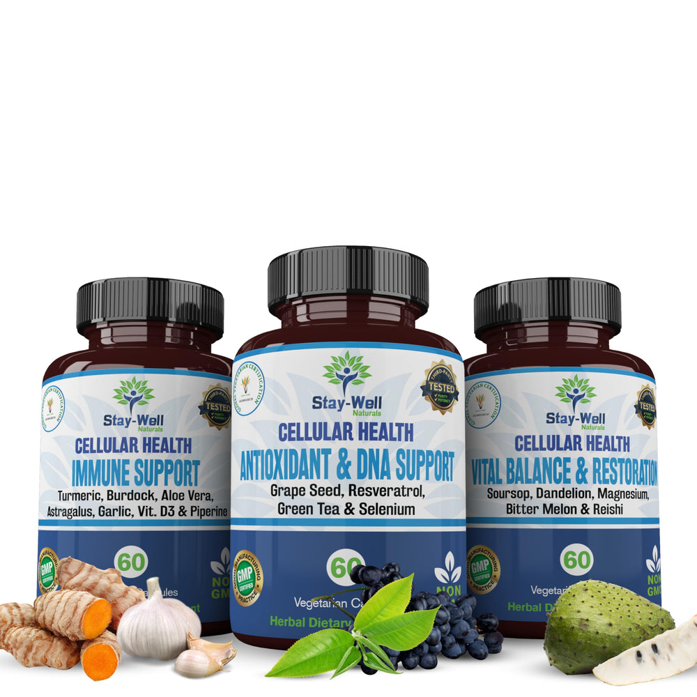 Stay-Well Naturals Soursop Capsules bottle on a counter, supporting daily cellular health.