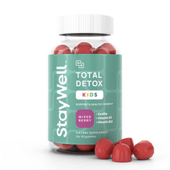 Stay-Well Naturals zeolite gummies bottle shows kid-friendly detox support and berry flavor appeal.