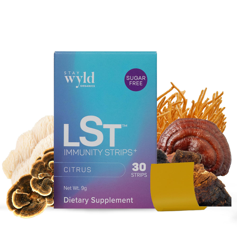 Stay Wyld Immunity Strips package showing mushroom blend for daily support.