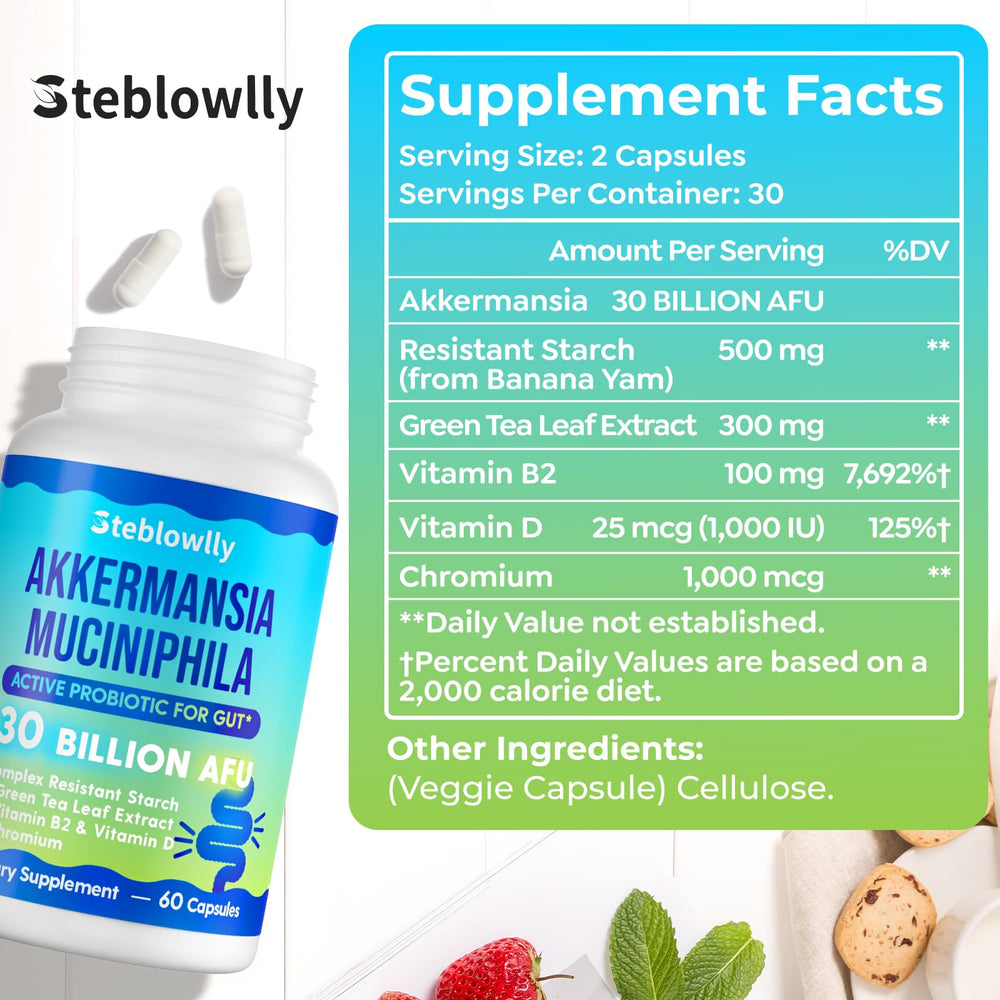Steblowlly Akkermansia bottle packaging shown for easy daily supplement