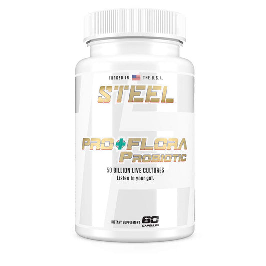 Steel Supplements Pro+Flora bottle front view, supports gut balance and immune health.