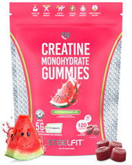 SteelFit Creapure Gummies in bottle highlight Juicy Watermelon flavor and simple daily dose.