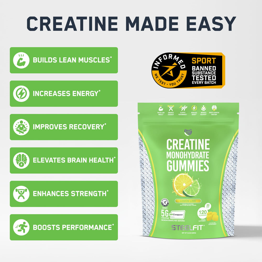 SteelFit Creapure gummies Lemon Lime texture close-up showing chewy consistency.