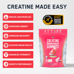 SteelFit Creapure Gummies serving scoop shows 5 g dose for workouts and daily use.