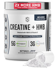 SteelFit Creatine HMB powder bottle on gym bench supports daily training energy
