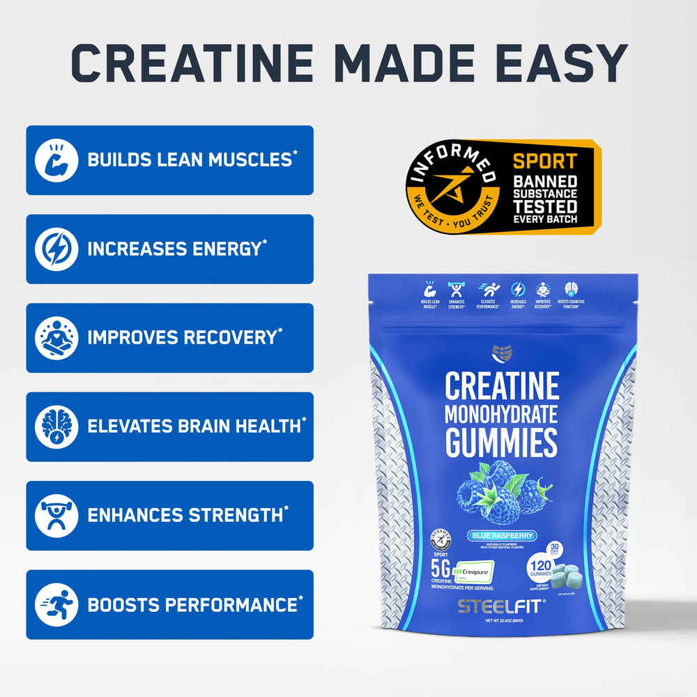 SteelFit gummies serving shot showing easy pre- or post-workout use.