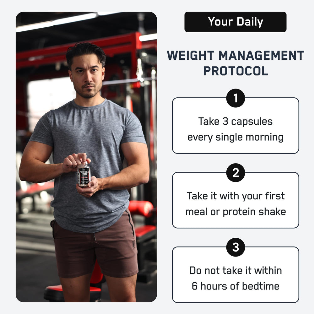 SteelFit Shredded Steel ingredient panel showcases caffeine and thermogenic components.