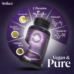 Stellace vegan capsules with valerian and magnesium suggesting natural support for sleep-friendly routines.