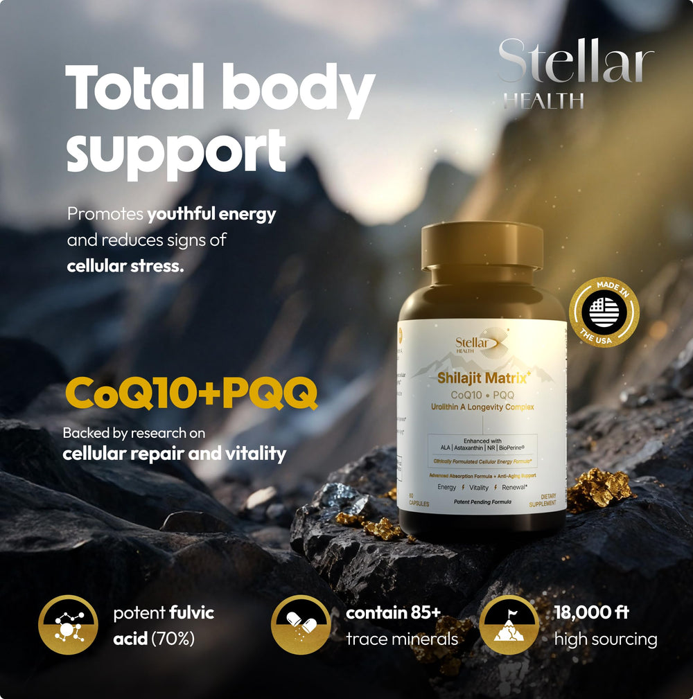 Stellar Health Clinical Mitochondrial Complex bottle being poured to reveal serving.