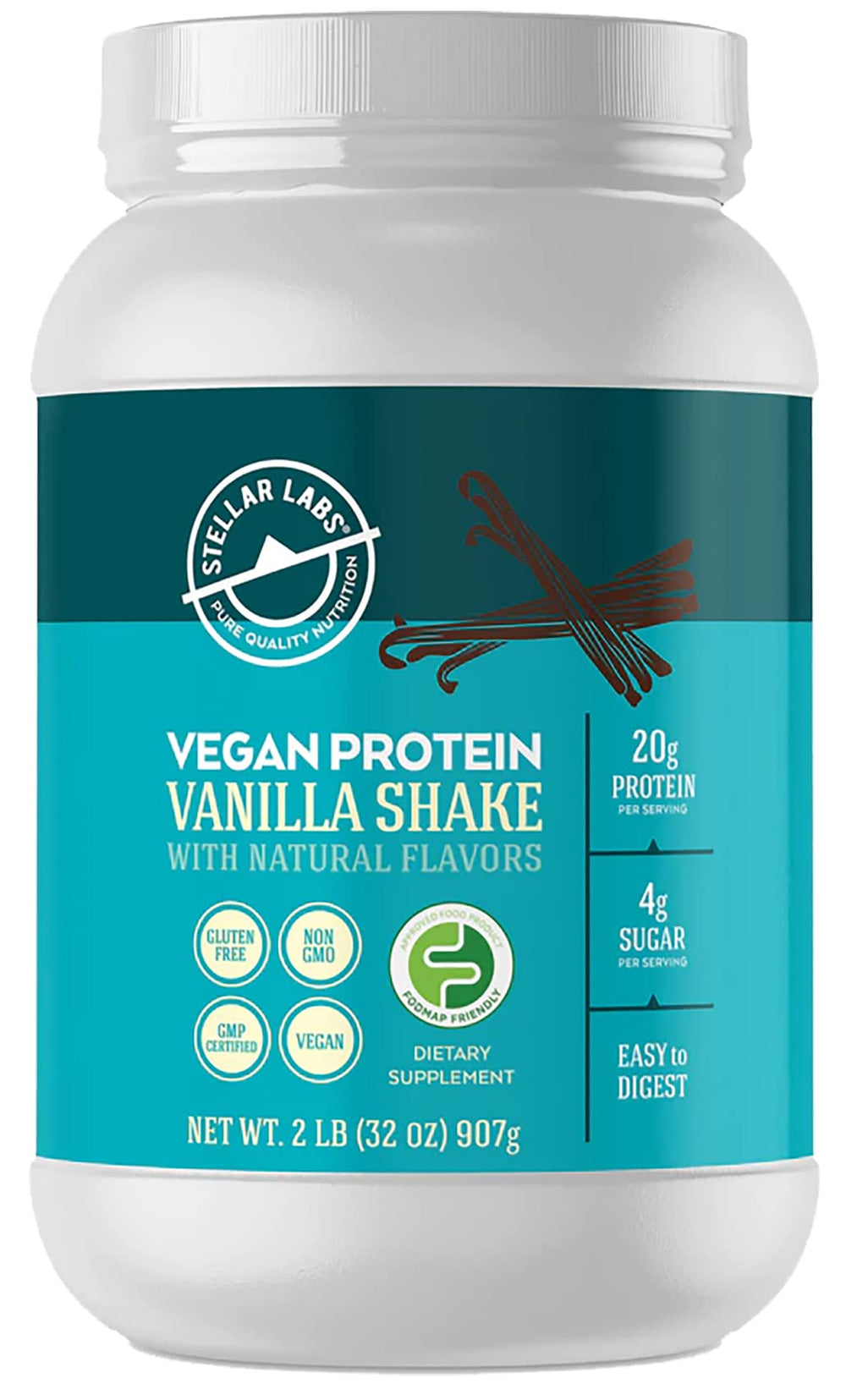 Stellar Labs vegan protein powder canister with vanilla flavor for post-workout recovery.