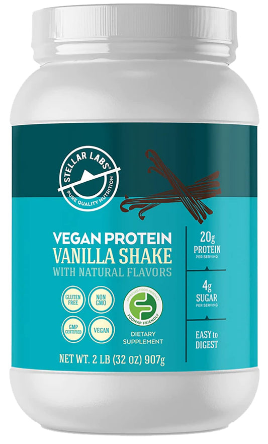 Stellar Labs vegan protein powder canister with vanilla flavor for post-workout recovery.
