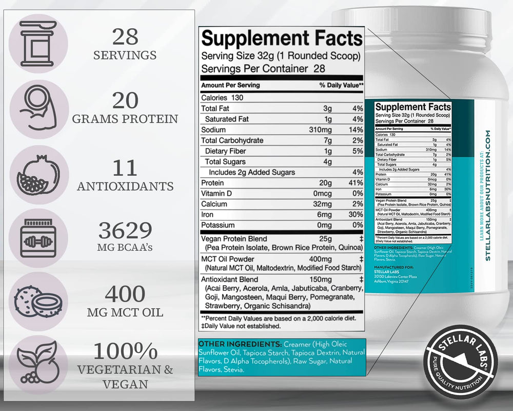 Stellar Labs vegan protein powder shake in a glass showing smooth texture.
