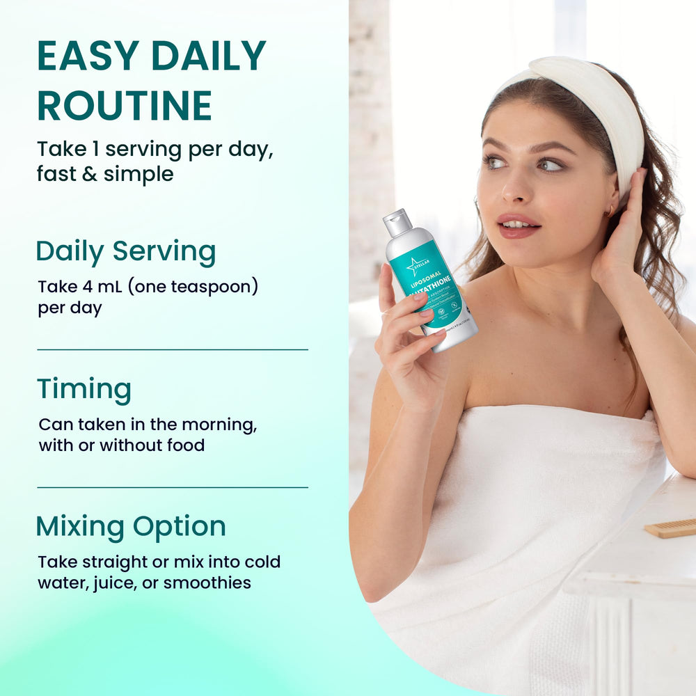 STELLAR Liposomal Glutathione liquid dropper shows easy daily dosing.