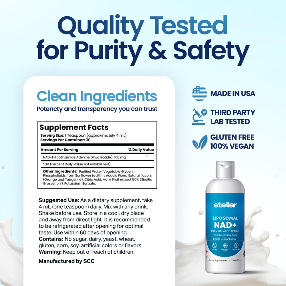STELLAR Liposomal NAD+ liquid pour showing fast absorption potential.