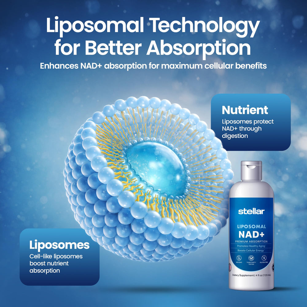 STELLAR Liposomal NAD+ bottle with glass pour supports routine.