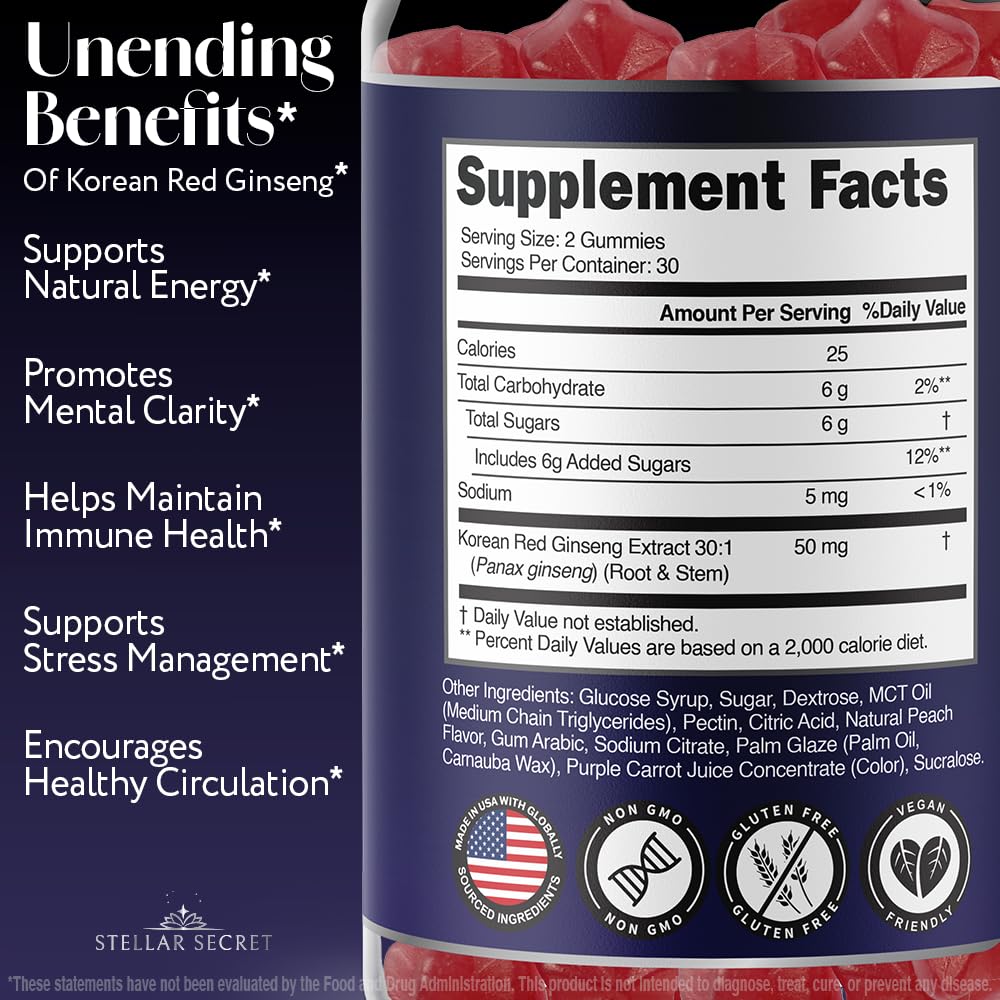 Stellar Secret gummies energy close-up emphasizes quick energy support and peach flavor