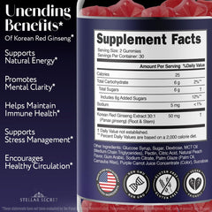Stellar Secret gummies energy close-up emphasizes quick energy support and peach flavor