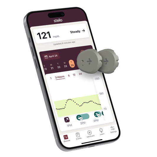 Stelo biosensor app illustration shows real-time glucose tracking on mobile