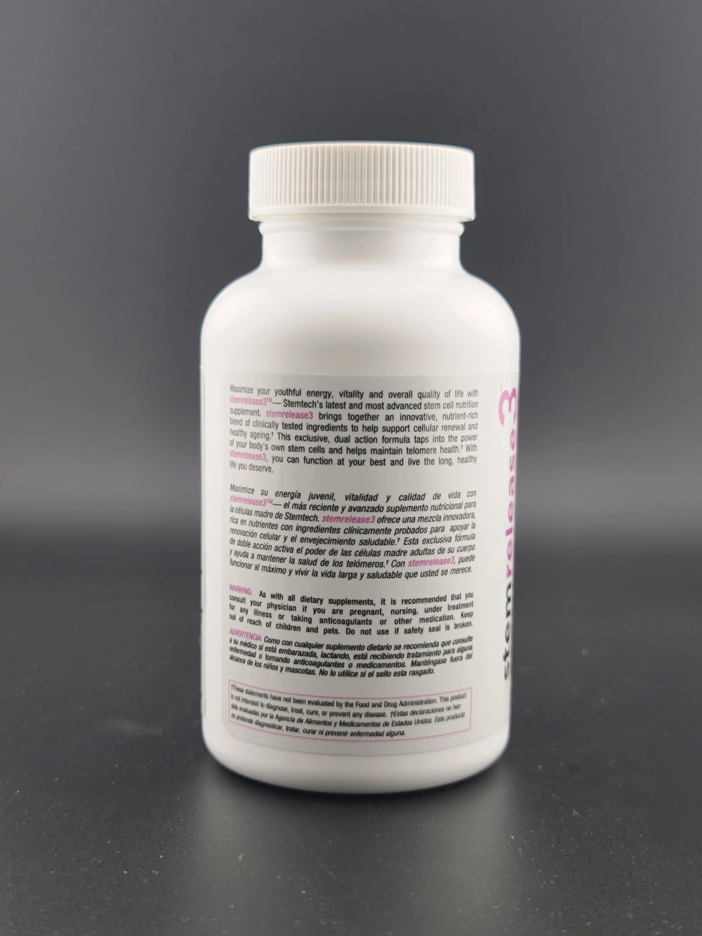 StemTech StemRelease3 ingredient panel reveals the exclusive blend for telomere health and natural renewal.