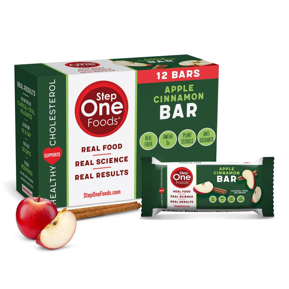 Step One Apple Cinnamon Bar close-up showing real fruit and nuts for on-the-go snacking.