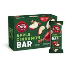Step One Apple Cinnamon Bar close-up showing real fruit and nuts for on-the-go snacking.