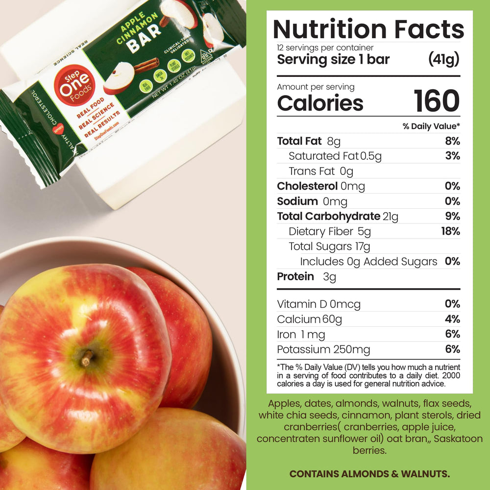 Step One Apple Cinnamon Bar ingredients highlight dates and oats for fiber.