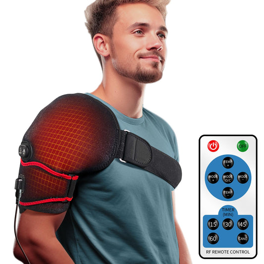 Sticro Shoulder Heating Pad Massager worn from the front view delivering targeted warmth