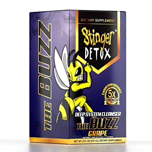 Stinger Detox Buzz grape bottle being poured for easy consumption.