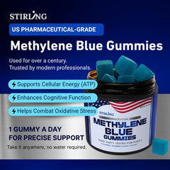 Stirling Methylene Blue Gummies ingredients visual with vitamin C and berries.