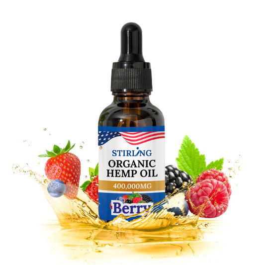 Stirling Organic Hemp Oil berry bottle for daily use and calm routines.