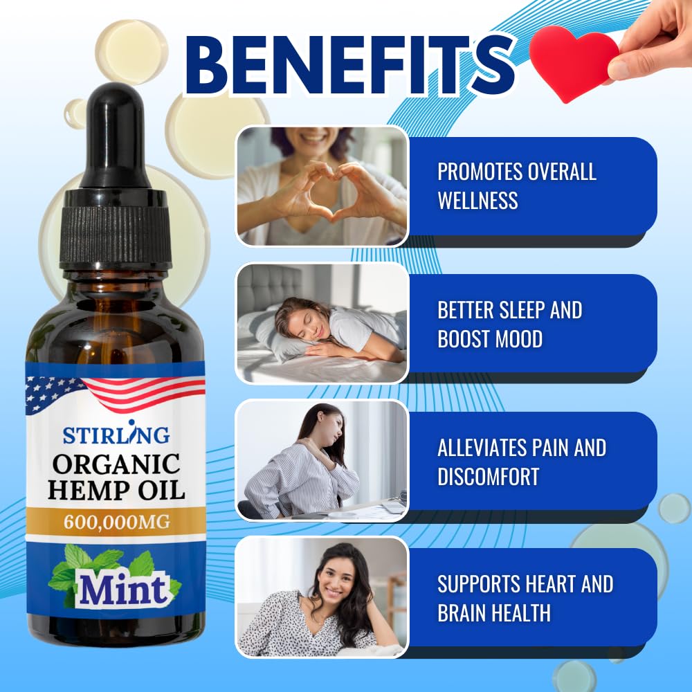 STIRLING Hemp Oil label close-up showing non-GMO and vegan ingredients.
