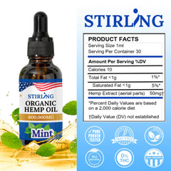 STIRLING Organic Hemp Oil vegan-friendly packaging emphasizing sustainable sourcing.