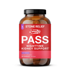 STONE RELIEF Chanca Piedra bottle pour demonstrates nighttime support in a calm setup.