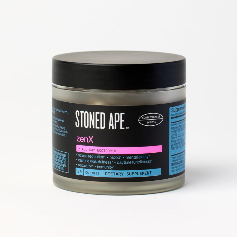 Stoned Ape ZenX bottle front view for focused daily use.