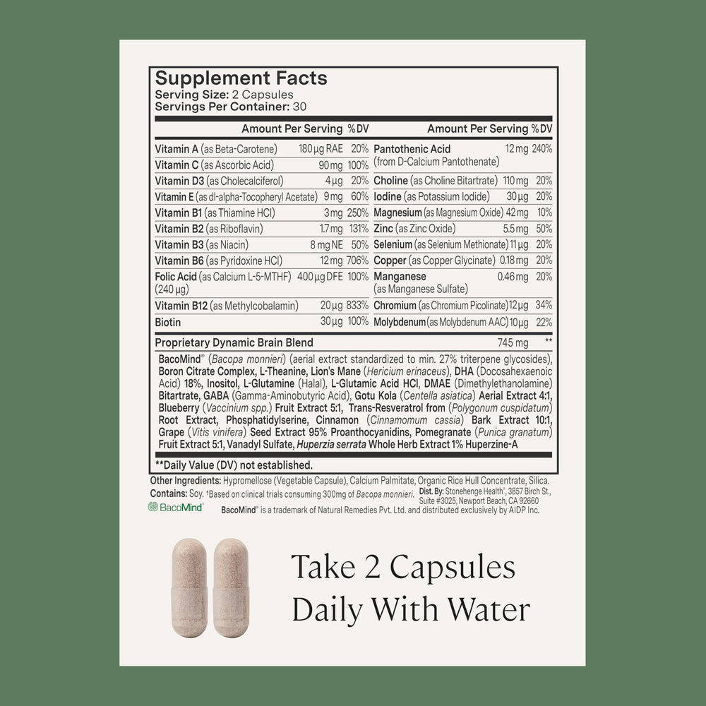 Stonehenge Health Dynamic Brain packaging on shelf highlighting non-GMO ingredients.