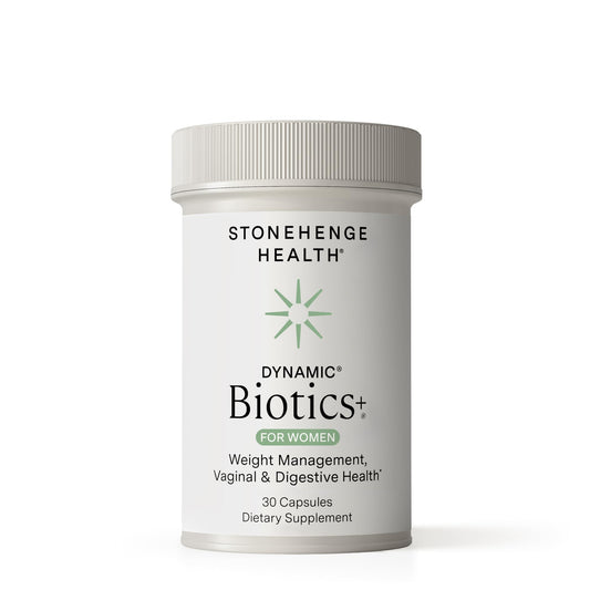 Stonehenge Health Biotics for Women bottle front with 30 capsules for balance