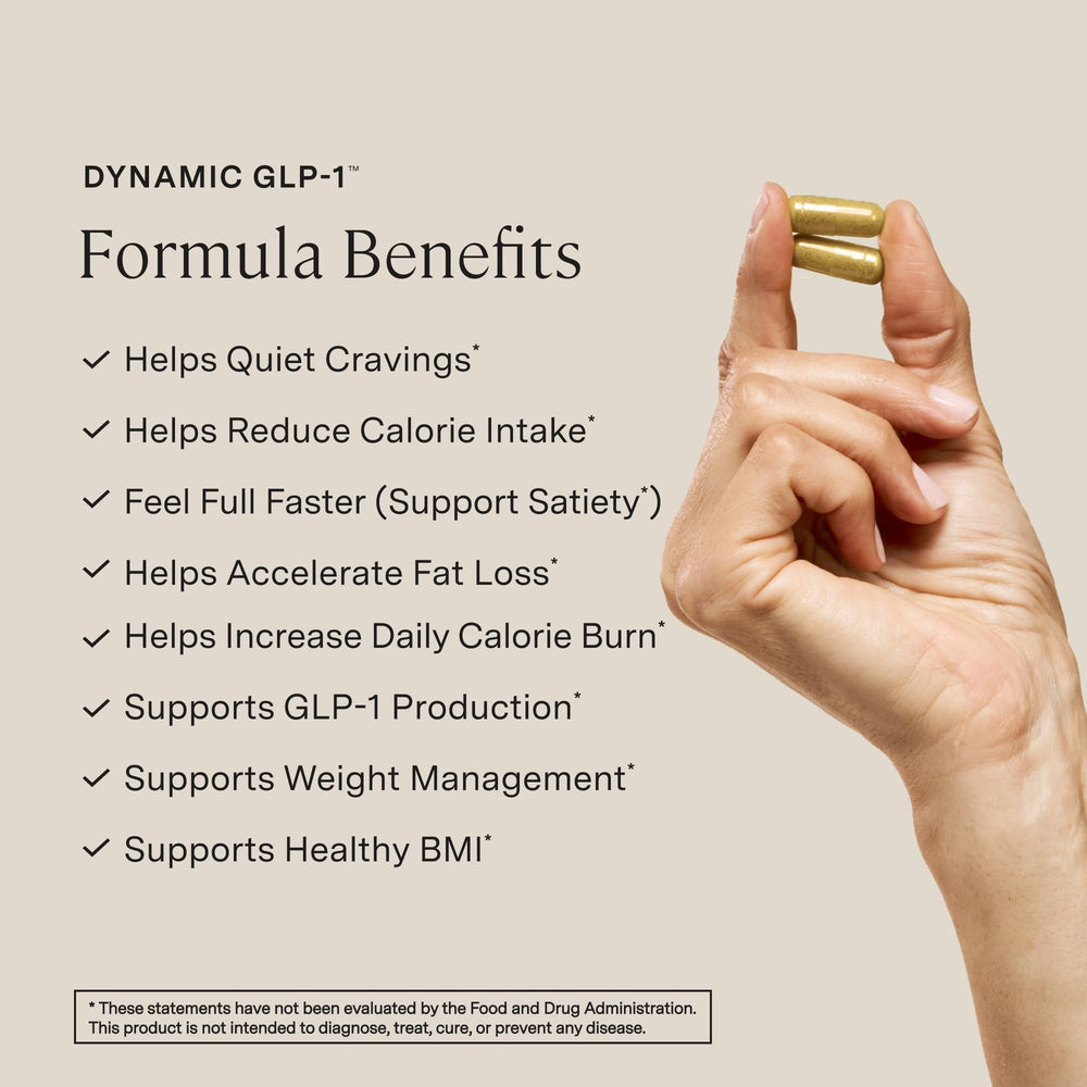 Stonehenge Health Dynamic GLP-1 bottle side shows two-capsule daily serving for metabolism.