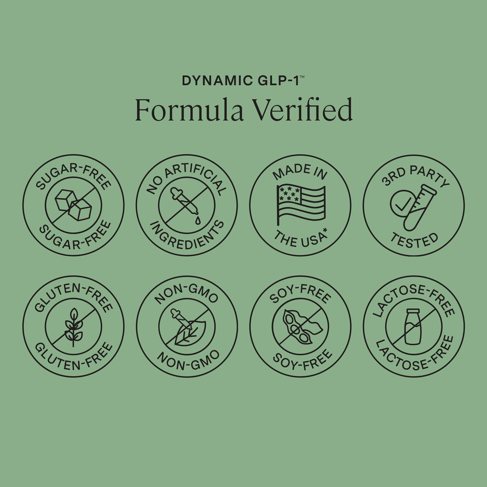Stonehenge Health Dynamic GLP-1 vegan non-GMO seal signals clean choices.