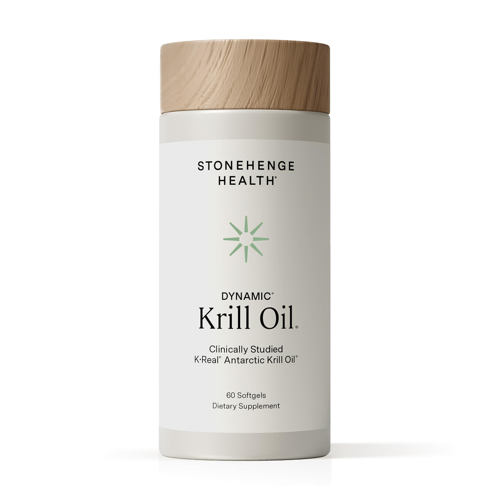 Stonehenge Health Dynamic Krill Oil bottle – triple-strength omega-3 for heart and brain support.