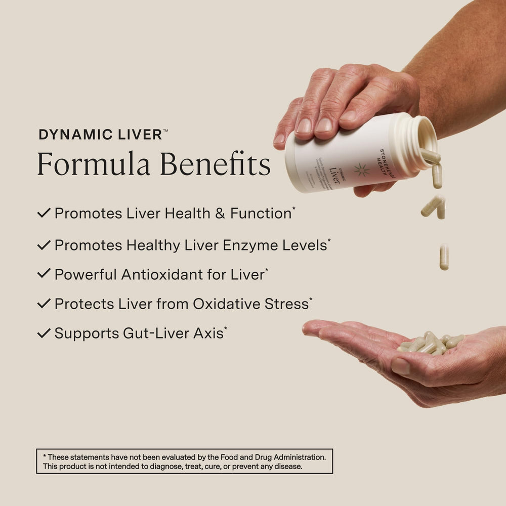 Stonehenge Health Dynamic Liver bottle label highlights Siliphos milk thistle for absorption.