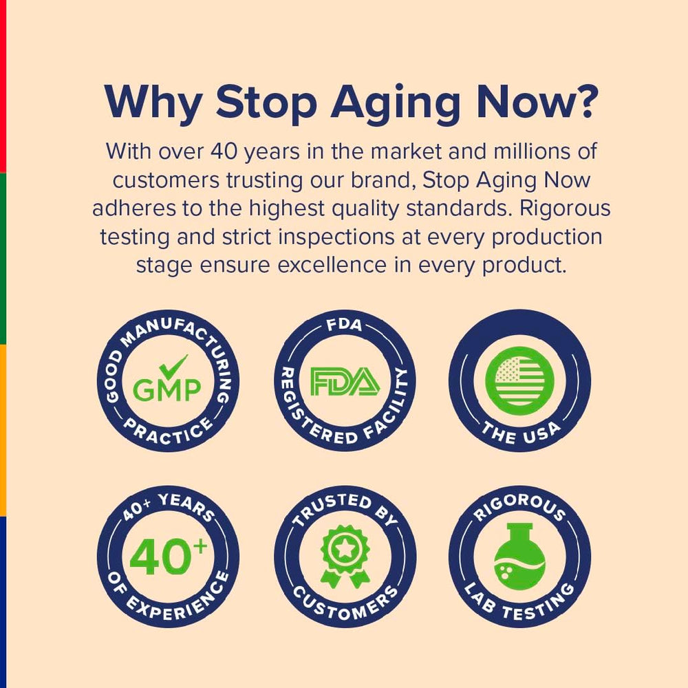 Stop Aging Now ingredients list showing food-sourced collagen sources.