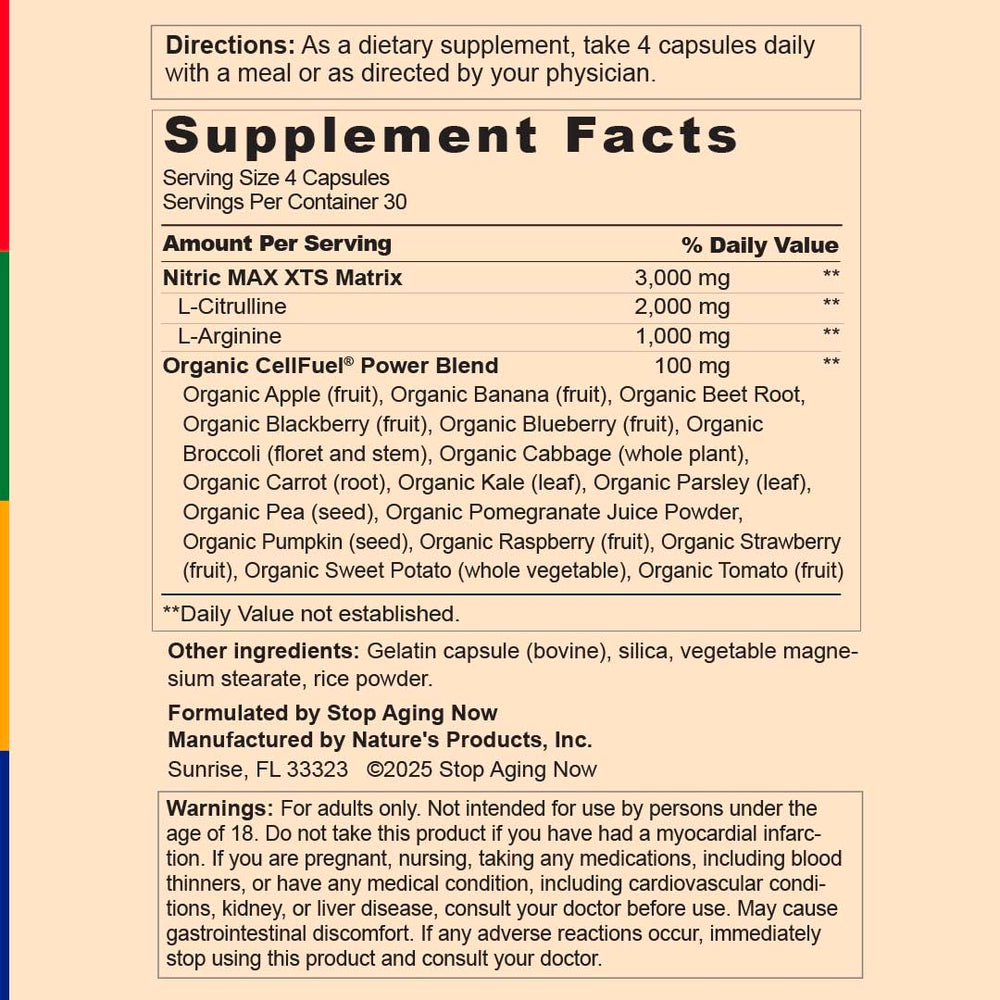 Stop Aging Now Nitric Oxide bottle on table, convenient capsules for on-the-go routines.