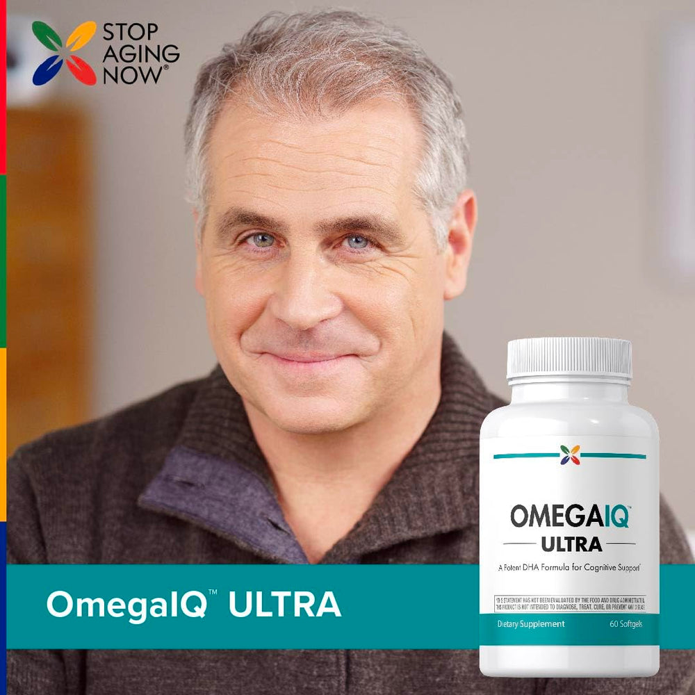 Stop Aging Now Omega-3 nutrition facts label presents purified fish oil details.