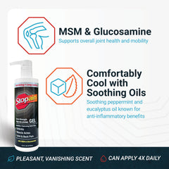 Stopain gel applied to knee area demonstrates targeted joint comfort use.