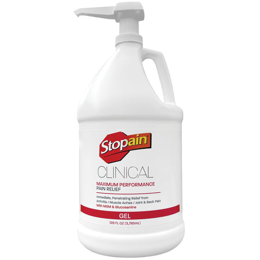 Stopain clinical pain relief gel 1gal bottle shown for fast, non-greasy contact relief
