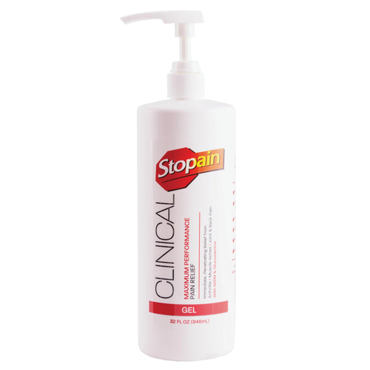 Stopain Clinical Pain Relief Gel 32oz label close-up showing ingredients and branding.