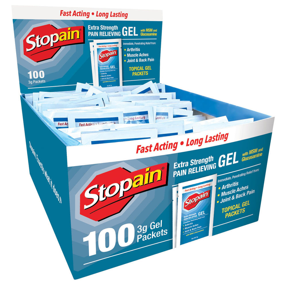 Stopain pain relief gel packets in front view show portable topical relief.