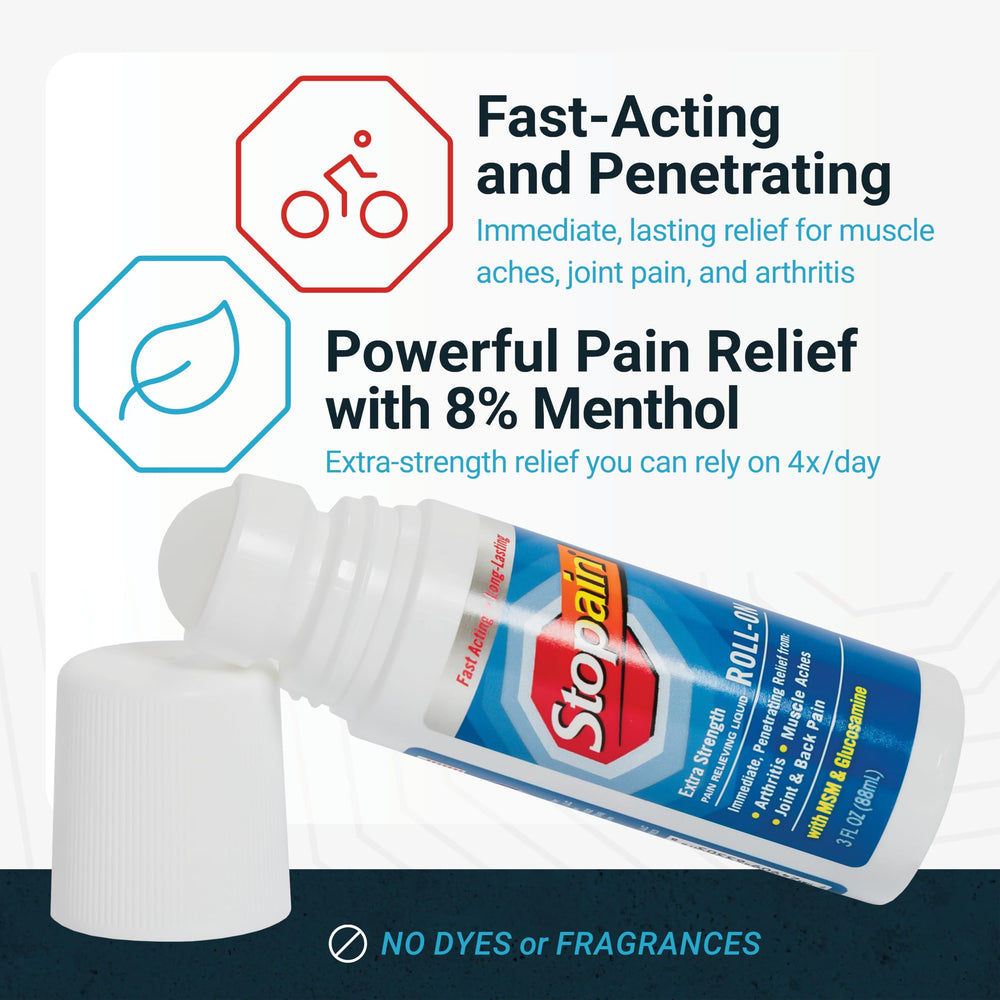 Stopain spray bottle delivers fast contact-acting relief for sore areas.